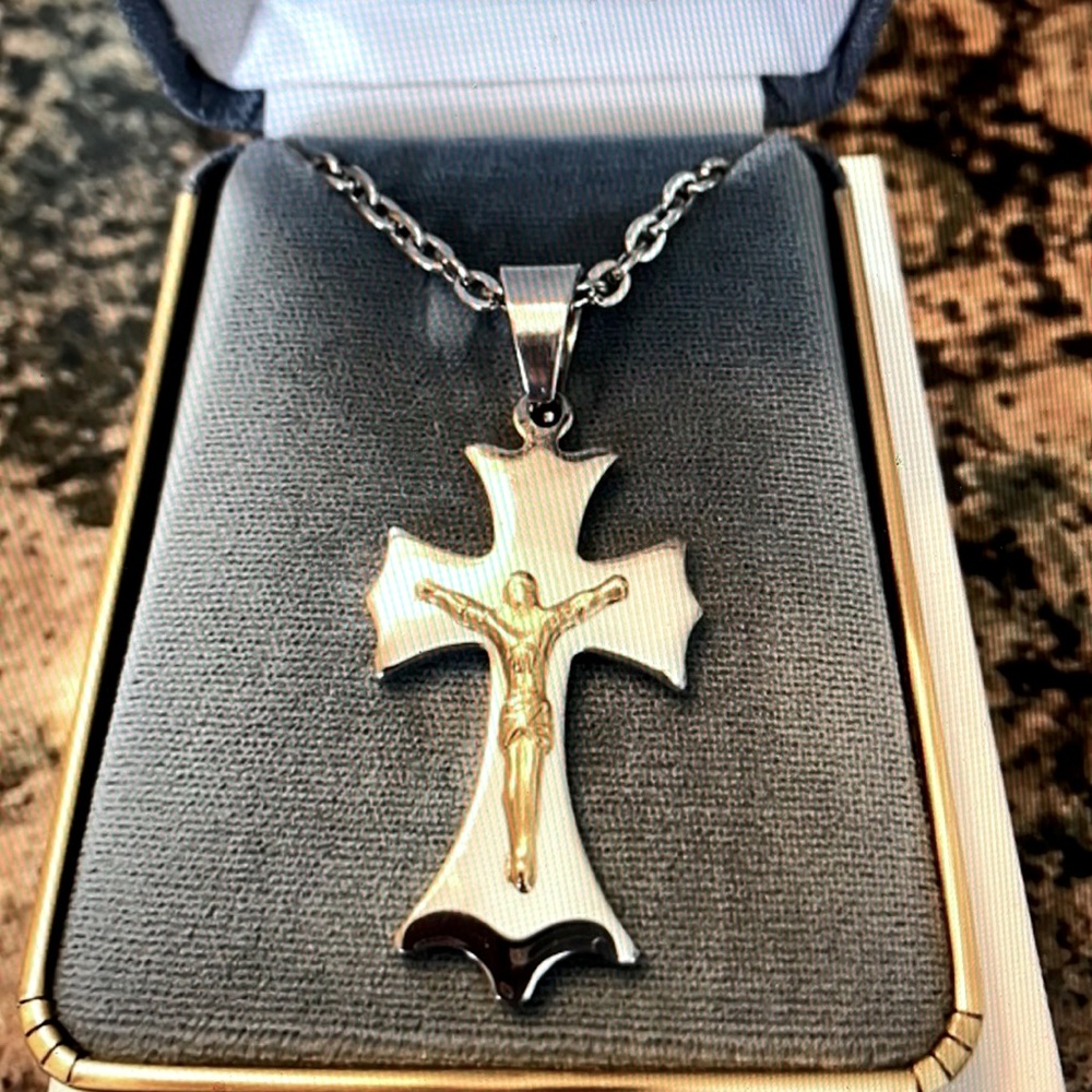 Stainless Steel Crucifix Two Tone Pendant Retail 119.00 NWT